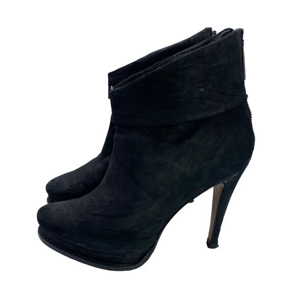 Mugnai Women Black Crinkled Nubuck Leather Almond Toe Heeled Platform Booties 37 - Picture 15 of 16